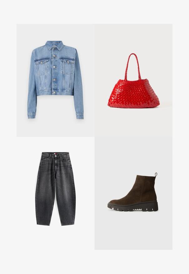 Šviesiai mėlynas džinsinis trumpas švarkas su prispaudžiamu priekiniu uždarymu, dviem krūtinės kišenėmis ir apykakle. Savybė yra nusidėvėjusi tekstūra ir matomi siuvimo detalės.; Šviesiai mėlynas ilgomis rankovėmis polo marškinėliai su horizontaliomis pilkomis ir baltomis juostelėmis bei apykakle.; Aukštos liemens juodi džinsai su laisvu siluetu, kurie turi penkis kišenes, diržo kilpas ir prekės ženklo etiketę ant juosmens.; Rudos zomšiniai auliniai batai su masyvi juoda guminėmis padais, turintys šiek tiek pakylą ir kilpą gale, kad būtų lengva užsidėti.; Raudona pintinė rankinė su blizgiu paviršiumi, turinti pintas rankenas. Išskirtinė trikampė forma ir tekstūruotas paviršius su tankiu raštu.