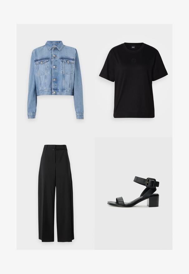Light blue denim cropped jacket with a button-up front, two chest pockets, and a collar. Features faded texture and visible stitching details.; Black cotton t-shirt with a crew neckline, short sleeves, and an embroidered logo on the chest. Simple, relaxed fit with no patterns.; Black wide-leg trousers with a high waist and a belt. Features a smooth texture and clean lines, designed for a relaxed fit.; Black leather heeled sandal with adjustable ankle strap, open toe design, and a square block heel. Smooth texture, minimalistic style.