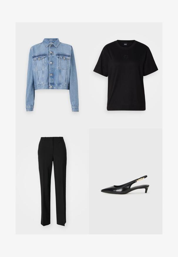 Casaco cropped de ganga azul claro com fecho de botão na frente, dois bolsos no peito e colarinho. Apresenta uma textura desbotada e detalhes de costura visíveis.; T-shirt de algodão preto com decote redondo, mangas curtas e um logótipo bordado no peito. Corte simples e descontraído, sem padrões.; Calças pretas de corte ajustado com um design de perna reta, apresentando uma textura lisa e pregas bem definidas na frente. Sem hardware visível.; Saltos slingback em couro preto com bico fino, apresentando um salto esguio e um detalhe em tom dourado na alça ajustável. Textura suave.