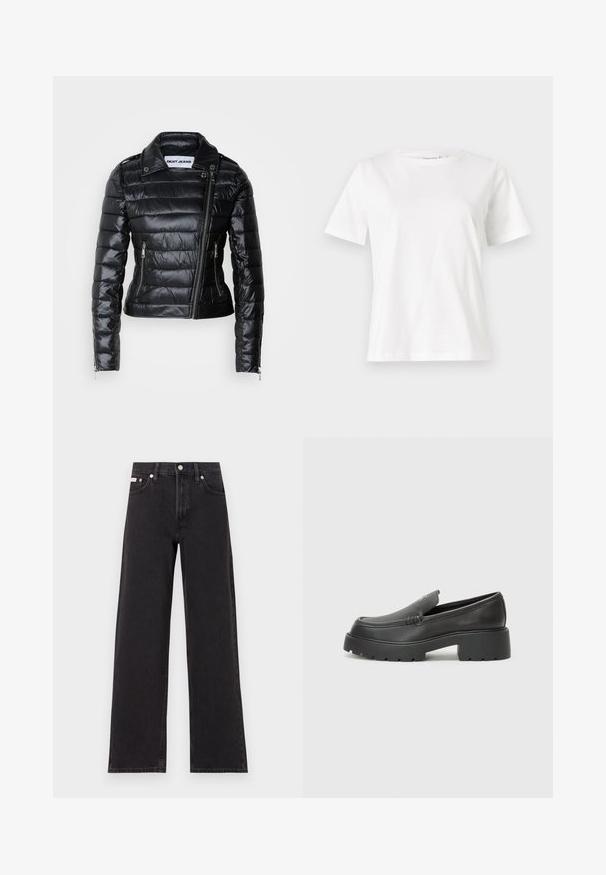 Casaco puffer preto com um design justo, detalhes metálicos, fecho diagonal na frente e textura almofadada. Apresenta botões de pressão no colarinho.; T-shirt de algodão branco com mangas curtas, decote redondo e um corte descontraído. Textura suave, sem padrões ou detalhes, design minimalista.; Jeans de perna larga pretos feitos de denim, apresentando uma cintura alta, estilo de cinco bolsos e um fecho em botão de metal com costura contrastante.; Mocassins de couro preto com bico arredondado, sola espessa e texturizada, e detalhes de costura minimalistas. Design elegante sem atacadores ou ferragens visíveis.