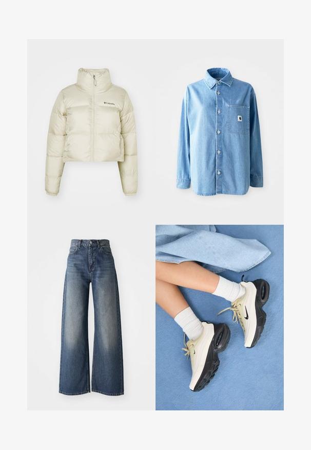 Κοντό μπουφάν σε ανοιχτό μπεζ, φτιαγμένο από νάιλον με λεία υφή, υψηλό γιακά, φερμουάρ πλήρους μήκους και ελαστικούς καρπούς.; Απαλή μπλε τζιν πουκάμισο με γιακά, μακριά μανίκια και ασημένια κουμπιά. Διαθέτει μία μπροστινή τσέπη με ετικέτα λογότυπου.; Μπλε ψηλόμεσες παντελόνες με φαρδιά μπατζάκια, με μπροστινό κουμπί και τσέπες, ξεθωριασμένη υφή στους μηρούς και ίσιο ύφασμα.; Τα παπούτσια Nike Air Max διαθέτουν έναν μπεζ και μαύρο σχεδιασμό, με απαλό άνω μέρος, ορατή αερο cushioning και επίπεδους καουτσούκ πάτους.