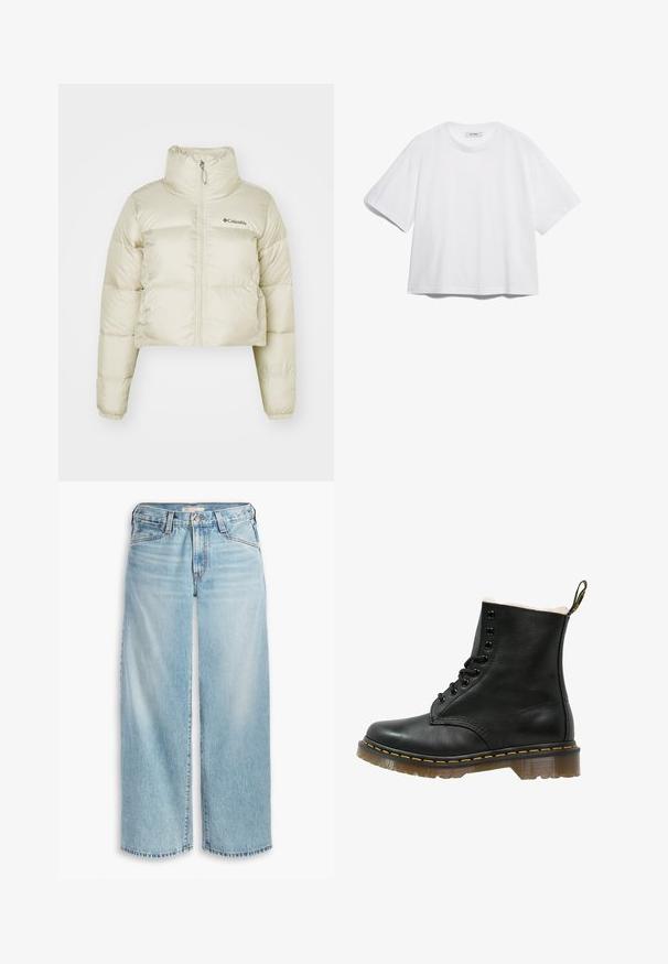 Kraftigt kort puff-jacka i ljusbeige, tillverkad av nylon med en slät textur, hög krage, hel längd dragkedja och elastiska ärmslut.; Vit bomullströja med korta ärmar, rund halsringning, avslappnad passform och inga synliga mönster eller grafiska element. Slät textur och enkel design.; Ljusblå vida jeans i denim, med hög midja, knappgylf och fransad nederkant. Synliga sömmar och fickor.; Svart läderankelboot med en mjuk vit foder, rund tå, sex öglor för snörning, gula stygn och en genomskinlig gummisula.