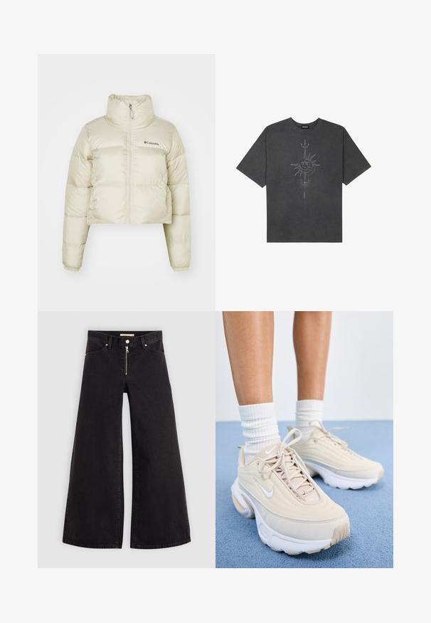 Giacca a vento cropped di colore beige chiaro, realizzata in nylon con una texture liscia, colletto alto, zip a lunghezza intera e polsini elasticizzati.; T-shirt oversize grigio scuro in cotone, con una grafica centrale di un sole con dettagli intricati stampati sul davanti.; Jeans a gamba larga in denim nero con chiusura a zip, design a cinque tasche e dettagli di cucitura sottili. Texture morbida e stile casual.; Scarpe da ginnastica beige con tomaia texturizzata, lacci bianchi e una suola bianca spessa. Il design presenta curve sobrie e un piccolo logo.