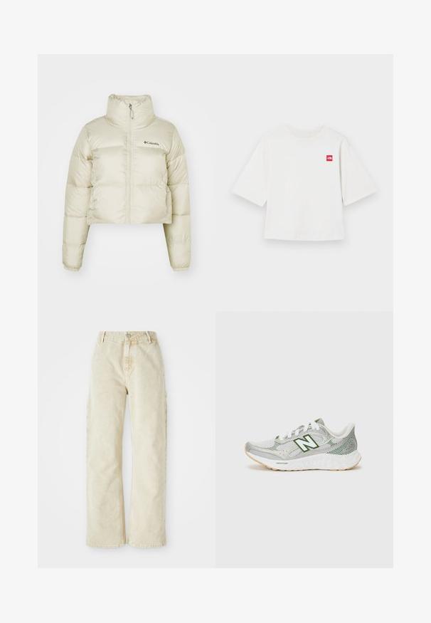 Jachetă puffer scurtă, de culoare bej deschis, confecționată din nailon, cu o textură netedă, guler înalt, fermoar pe toată lungimea și manșete elastice.; Tricou alb cu mânecă scurtă, fabricat din bumbac. Prezintă un mic logo pătrat roșu în zona stângă a pieptului. Croială dreaptă. Textură moale.; Pantaloni din denim bej cu croi larg și talie înaltă, având închidere frontală cu nasture și fermoar, curea pentru centură și buzunare laterale. Textură moale.; Pantof de atletism ușor, cu partea superioară din plasă gri, accente verzi, șireturi albe și o talpă albă căptușită, cu un model texturat.