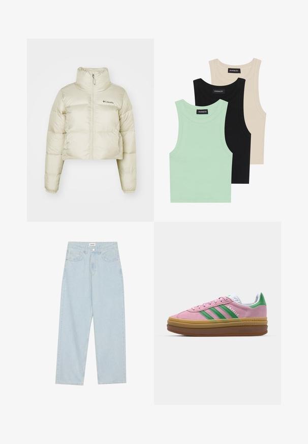 Korthåret pufferjakke i lys beige, fremstillet af nylon med en glat tekstur, høj hals, fuldlængde lynlås og elastiske håndled.; Tre tank toppe i mintgrøn, sort og beige; lavet af ribbet stof med rund hals og uden ærmer. Mærket er synligt.; Lysblå vidde jeans lavet af denim, med mid-rise talje, fem lommer og en knaplukning med en slank metalaccent.; Lyserøde ruskindsneakers med grønne striber, hvide accenter og en brun gummisål. Har tekstureret stof og logodetaljer på siden.
