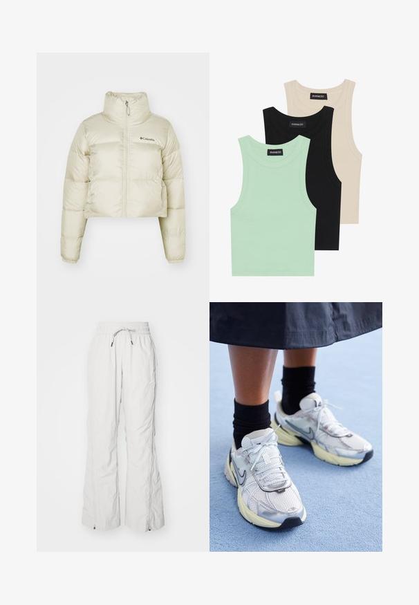 Cropped puffer jacket in light beige, made of nylon with a smooth texture, high neck, full-length zipper, and elastic cuffs.; Three tank tops in mint green, black, and beige; made of ribbed fabric with a round neckline and no sleeves. Brand label visible.; Light grey cargo pants made of textured fabric, featuring an elastic waistband with drawstring, side pockets, and zippers at the ankles.; White and silver Nike sneakers with mesh fabric, reflective accents, and a beige sole. Worn with black socks, standing on a blue surface.