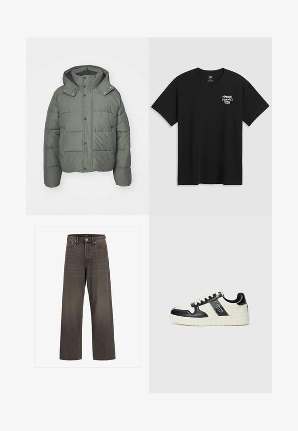 Giacca a vento verde con cappuccio, realizzata in tessuto trapuntato. Presenta bottoni a pressione, tasche laterali e una finitura strutturata.; T-shirt in cotone nero con stampa sul petto che recita "HOUSE PLANTS" in carattere stilizzato bianco, con "Levi's" sotto. Collo a giroclassico.; Jeans a gamba larga in denim grigio scuro, con vita alta, design classico a cinque tasche e cuciture a contrasto lungo le cuciture.; Sneakers in pelle con una combinazione di colori nero e crema, dotati di dettagli perforati, collare imbottito e suola testurizzata.