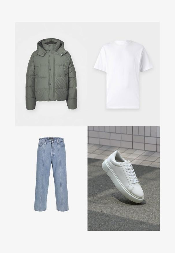 Grüne Pufferjacke mit Kapuze, aus gepolstertem Stoff. Verfügt über Druckknöpfe, Seitentaschen und eine strukturierte Oberfläche.; Weißes kurzärmeliges T-Shirt aus Baumwolle mit Rundhalsausschnitt, das eine glatte Textur und ein einfaches Design ohne Muster oder Akzente aufweist.; Hellblaue Denim-Jeans mit lockerer Passform, weitem Bein und sichtbaren Stickdetails. Mit Knopf- und Reißverschluss, fünf Taschen.; Weiße Leder-Sneaker mit glatter Oberfläche, runder Zehenpartie und flachen weißen Schnürsenkeln. Verfügt über eine strukturierte Gummisohle und minimalistische Designelemente.