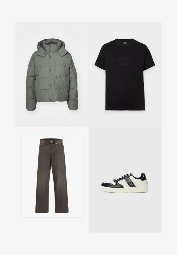Giacca a vento verde con cappuccio, realizzata in tessuto trapuntato. Presenta bottoni a pressione, tasche laterali e una finitura strutturata.; T-shirt in cotone nero con maniche corte e scollatura rotonda. Presenta la scritta "ORIGINALS Studio" in rilievo con lettering tonale sul davanti.; Jeans a gamba larga in denim grigio scuro, con vita alta, design classico a cinque tasche e cuciture a contrasto lungo le cuciture.; Sneakers in pelle con una combinazione di colori nero e crema, dotati di dettagli perforati, collare imbottito e suola testurizzata.