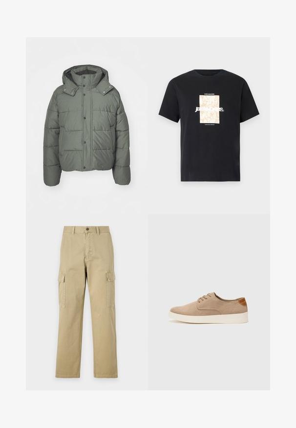 Veste doudoune verte avec capuche, en tissu matelassé. Dotée de boutons-pression, de poches latérales et d'une finition texturée.; T-shirt noir en coton avec col rond. Présente un graphique rectangulaire beige et un texte blanc "JAWO" centré sur le devant. Manches courtes.; Pantalons cargo beiges en coton, dotés de deux poches latérales, d'une fermeture à bouton et de jambes droites avec un tissu légèrement texturé.; Baskets en daim beige avec un embout arrondi, un laçage sur le devant et un accent texturé à l'arrière. La semelle en caoutchouc blanche offre un contraste. Design simple et moderne.