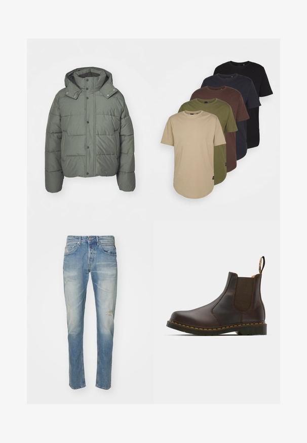 Vihreä puffatakki hupulla, valmistettu tilkkukankaasta. Ominaisuuksiin kuuluu napsautettavat napit, sivutaskut ja teksturoitu pinta.; Viisi t-paitaa järjestettynä gradienttiväreissä: beige, oliivi, ruskea, tummansininen ja musta. Valmistettu pehmeästä puuvillasta, lyhyillä hihoilla ja pyöreällä kauluksella.; Vaaleansiniset farkut, joissa on haalistunut viimeistely, hienovaraisia kulutuksia polvissa, suoran lahkeen muotoilu, viisi taskua ja metallinen nappikiinnitys.; Ruskean nahkainen Chelsea-kengä, jossa on elastiset sivupaneelit, teksturoitu korko ja kontrastivärinen keltainen tikkaus. Varustettu vetoketjulla helppoa pukemista varten.