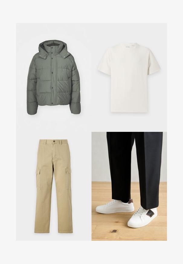 Vihreä puffatakki hupulla, valmistettu tilkkukankaasta. Ominaisuuksiin kuuluu napsautettavat napit, sivutaskut ja teksturoitu pinta.; Valkoinen lyhythihainen T-paita ribbikuviossa. Pyöreä kaula-aukko, rento istuvuus, ei näkyviä kuvioita tai yksityiskohtia. Yksinkertainen ja monikäyttöinen muotoilu.; Beige cargo-housut, jotka on valmistettu puuvillasta, ja niissä on kaksi sivutaskua, napp Closure ja suorat lahkeet, joissa on hieman teksturoitu kangas.; Valkoiset tennarit, joissa on sileä pinta, ruskealla nahka-akentilla ja mustilla yksityiskohdilla, yhdistetty mustiin räätälöityihin housuihin. Taustalla puulattia.