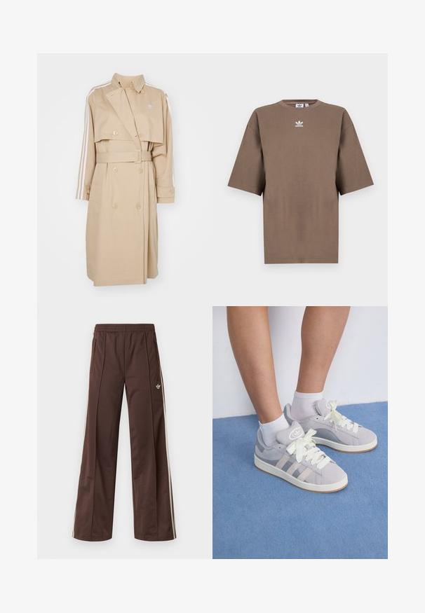 Vaaleanbeige trench-coat, jossa on kaksoisnapitus, leveä kaulus ja vyö. Hihassa valkoiset raidat ja pieni logo rinnassa.; Ruskea puuvillapaita lyhyillä hihoilla, pyöreällä kauluksella ja valkoisella Adidas-logolla, joka on keskitetty rintaan. Paidassa on yksinkertainen muotoilu ja rento istuvuus.; Ruskeat urheiluhousut leveillä lahkeilla, valkoisilla sivuraitoja, joustavalla vyötäröllä ja kahdella sivutaskulla. Lahkeessa pieni logo.; Harmaat nubukiset lenkkarit, joissa on valkoiset nauhat ja kumipohja. Sivussa kolme vinoraitaa ja logo-merkki kielessä.