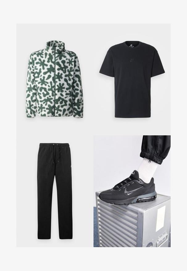 Fleece jack met hoge kraag, voorzien van een groen en wit abstract patroon, ritssluiting en textuur oppervlak.; Zwarte katoenen t-shirt van Nike met een klassieke ronde hals, korte mouwen en een subtiele, reliëflogo op de borst. Gladde textuur.; Zwarte sweatpants van fleece, met een elastische tailleband met trekkoorden, twee voorzakken en een klein logo op de dij.; Nike Sportswear PULSE - Sneakers laag - black/anthracite