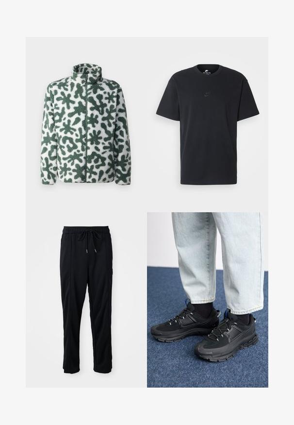 Fleecejakke med høy krage, med et grønt og hvitt abstrakt mønster, glidelåslukking, og teksturert overflate.; Nike svart bomull T-skjorte med klassisk rund hals, korte ermer, og en subtil, preget logo på brystet. Glatt tekstur.; Svarte casual bukser med strikk i livet, sidelommer og rett bein på en ensfarget bakgrunn.; Svarte sportssko med teksturert stoff og gummisåler, med elastiske lisser og en blå detalj på hælen. Brukt med lyse denimbukser.