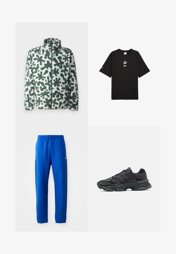 Fleeces jaka ar augstu apkakli, ar zaļu un baltu abstraktu rakstu, ar rāvējslēdzēju un teksturētu virsmu.; Melnas īsajām piedurknēm T-krekls, kas izgatavots no kokvilnas, ar grafisku attēlu, kurā attēlots sacīkšu ķivere un logo uz priekšpuses, kā arī mazs logs uz piedurknes.; Zilas sporta bikses, kas izgatavotas no mīkstas auduma, ar elastīgu jostasvietu un aukliņu, sašaurinātām kājām un nelielu logotipa detaļu sānos.; Melna skriešanas apavi ar jauktu acu audumu un sintētiskiem materiāliem, masīvu zoli, izliekta dizaina elementiem un izteiktu zīmola logotipu uz sāniem.