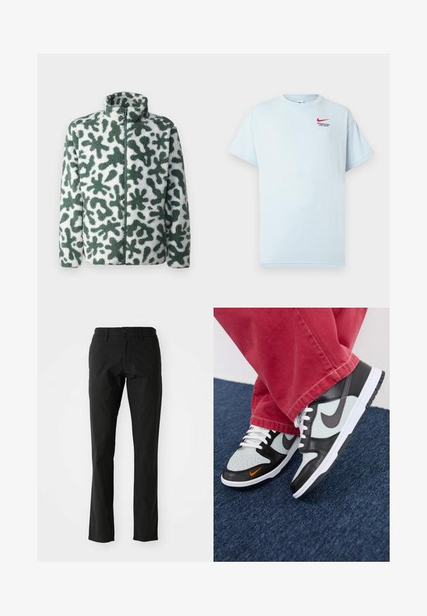 Fleecejakke med høj krave, prydet med et grønt og hvidt abstrakt mønster, lynlås-lukning og struktureret overflade.; Lysk blue bomulds-t-shirt med korte ærmer, rund hals og et rødt Nike swoosh-logo. Teksten lyder "ATHLETIC DEPT. JUST DO IT."; Sorte bukser lavet af letvægtsstof, med lige ben-design, frontlukning med knap og sidelommer. Glat tekstur.; Nike Sportswear NIKE DUNK LOW UNISEX - Sneakers - black/med ash/light silver/bright mandarin/summit white/white