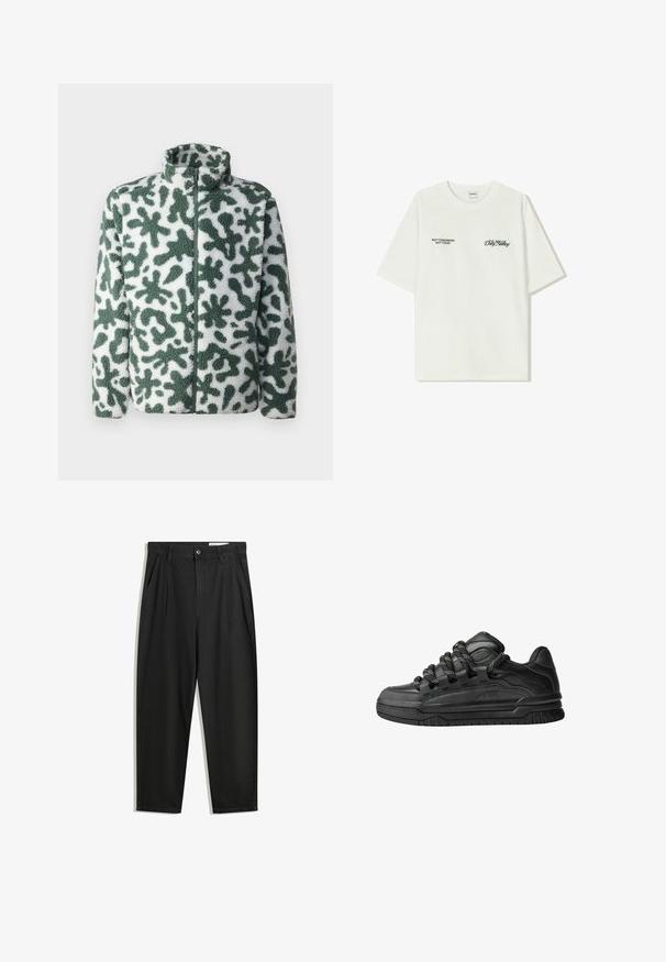 Fleecová bunda s vysokým límcem, se zeleno-bílým abstraktním vzorem, zipovým zapínáním a texturovaným povrchem.; Bílý bavlněný tričko s krátkým rukávem. Na přední straně je černý text: "NE ZÍTRA, NE DNES" a "UMĚNÍ PRACOVÁNÍ S HLÍNOU" v zeleném písmu.; Černé bavlněné kalhoty s uvolněným střihem, klasickým pasem, předními záhyby a bočními kapsami. Hladká textura bez vzorů.; Černé tenisky s hladkým koženým svrškem, texturovanými akcenty a kulatými černobílými tkaničkami. Silná gumová podrážka s vzorovaným dezénem.