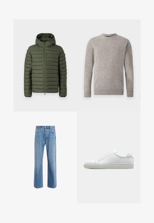 Párnázott olajzöld dzseki kapucnival, vízszintes steppelt kialakítással, elöl cipzáros záródással és cipzáras mellzsebbel.; Világosszürke kötött pulóver kerek nyakkivágással, hosszú ujjakkal, bordás mandzsettákkal és szegéllyel. Texturált minta színes foltokkal.; Világoskék farmernadrág, egyenes szárú fazonnal, öt zsebbel, gombos záródással, minimális kopással és kontrasztos varrással.; Fehér sportcipő sima bőr felső résszel és alacsony profilsal. Kerek orr, hat fűzőlyuk és barázdált gumitalp jellemzi.