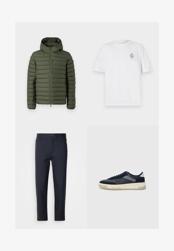 Veste matelassée vert olive avec capuche, dotée d'un design matelassé horizontal, d'une fermeture éclair à l'avant et d'une poche poitrine zippée.; T-shirt en coton blanc avec une coupe décontractée, présentant un petit logo graphique noir sur le côté gauche de la poitrine. Manches courtes, col rond.; Pantalons ajustés bleu marine en tissu lisse, dotés d'une poche zippée, de jambes droites et d'un bouton de fermeture à la taille.; BOSS BALTIMORE - Baskets basses - open blue