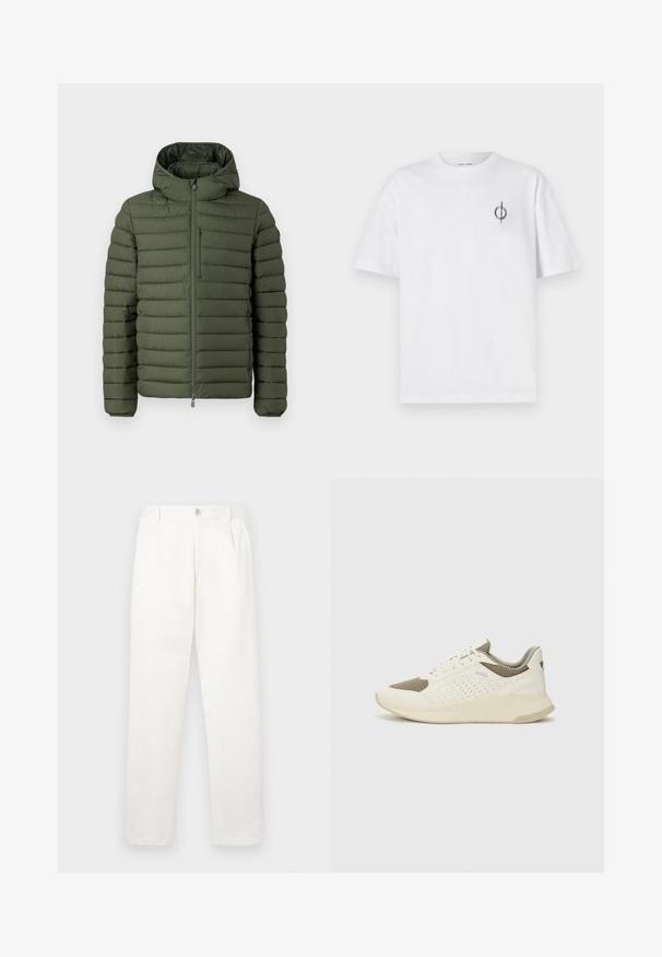 Polstret olivengrøn jakke med hætte, der har en horisontal quiltet design, en frontlynlås og en lynlåslomme på brystet.; Hvid bomulds t-shirt med en afslappet pasform, der har et lille sort grafisk logo på venstre brystområde. Korte ærmer, rund halsstil.; Hvide bukser lavet af glat stof, med en lige ben design, forpleater og en enkelt knap lukning i taljen.; Hvide og lyse beige sportssko med en mesh-overdel, perforerede detaljer og en tekstureret mellemsål med branding på hælen.