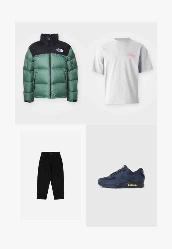 Zeleno-črna jakna iz puhaste tkanine z visokim ovratnikom, zadrgo spredaj in stranskimi žepi. Ima prešito teksturo in blagovno znamko na prsih.; Siva kratka majica s kratkimi rokavi iz bombaža, z okroglo izreznico in oranžnim žametnim logotipom "DICKIES" na levi strani prsnega koša.; Črne jeans hlače z visokim pasom, ravnim krojem in diskretnim logotipom na sprednjem žepu. Imajo klasičen pet žepni stil.; Temno modri Nike Air Max športni copati z zgornjim delom iz usnja in mrežaste tkanine, z rumenimi poudarki, vezanjem spredaj in vidnim zračnim blaženjem v podplatu.
