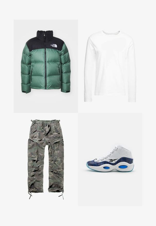 Zöld és fekete puffermellény magas gallérral, cipzáros elejével és oldalsó zsebeivel. Kivágott textúrával és márkázott logóval rendelkezik a mellrészen.; Hosszúujjú, puha pamutból készült fehér póló. Kerek nyakú, egyenes szegésekkel, látható minták vagy grafikák nélkül.; Zöld és szürke kamuflázs cargo nadrág, több zsebbel, rugalmas derékpánttal, állítható bokarészekkel és laza szabással.; Magas szárú sportcipő, fehér bőr felsőrésszel, kék és fekete zebra mintás dizájnnal, világoskék áttetsző talppal.