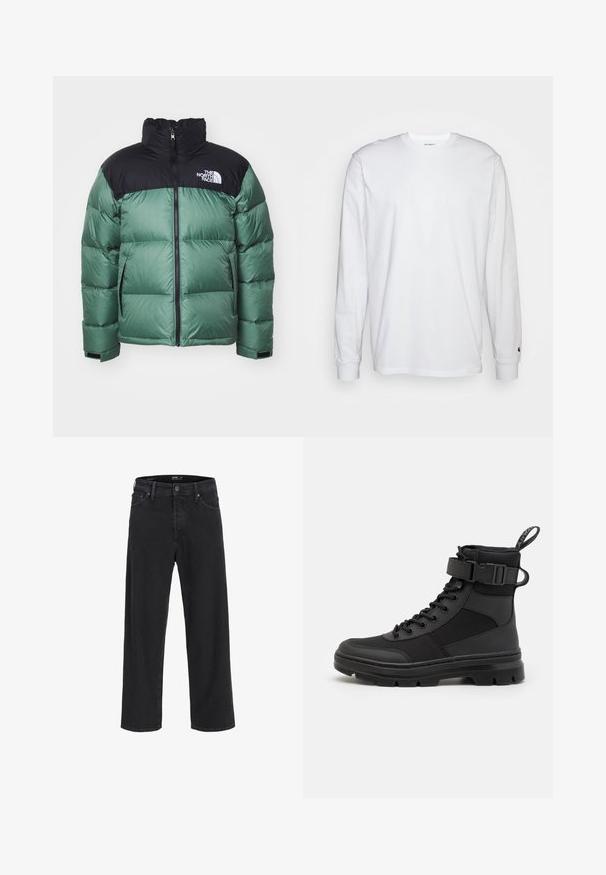 Žalias ir juodas pūkinis švarkas su aukštu apykakle, užtrauktuku priekyje ir šoniniais kišenėmis. Turi siuvinėtą tekstūrą ir logotipą ant krūtinės.; Balta, ilga rankovė T-maiša, pagaminta iš medvilnės. Apvalios iškirptės dizainas su raukiniais ant rankovių ir nedidelis logotipas ant kairės rankovės. Glotni tekstūra.; Juodos tiesios kojų džinsinės kelnės su mygtuku ir užtrauktuku, diržo kilpos, taip pat priekinės ir galinės kišenės.; Juodas kulkšninis botas su tekstūruotu nailono viršumi, raištelių dizainu ir reguliuojama juosta, turintis tvirtą guminį padą, kad pagerintų sukibimą.