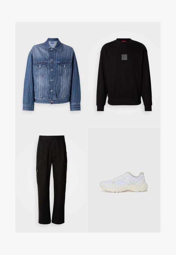 Sinine teksajakk, millel on vertikaalsed valged triibud, kaks rinnataskut, nööbikinnitus ja klassikaline krae. HUGO logo etiketil.; Mustra musta dressipluus pikade varrukatega, ümar kaelus, ees hall ruudukujuline logo, pehme tekstuur ning soonikkoes varrukate ja allääre juures.; Mustad mustadeks rõivasteks mõeldud puuvillased püksid, millel on lõdva istuvuse disain, küljetaskud, nööbiga sulgemine ja sirged sääred. Lihtne disain ilma mustriteta.; Valged sportlikud jalanõud, mis on valmistatud võrkkangast ja seemisnahast, sisaldavad tekstureeritud vahetald, tekstureeritud aktsentide ning küljes oleva "HUGO" logo.
