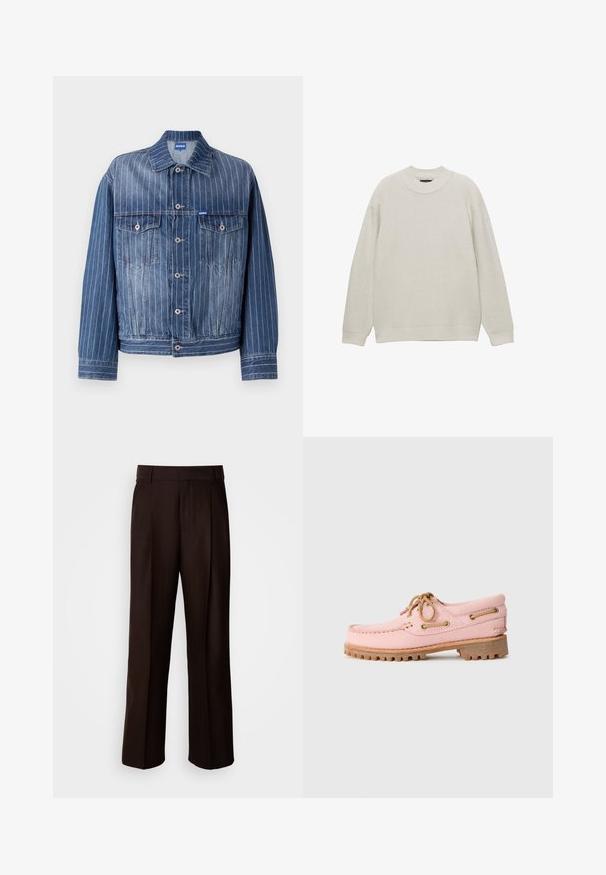 Sininen farkkutakki, jossa on pystysuorat valkoiset raidoitukset, kaksi rintataskua, napitus ja klassinen kaulus. HUGO-logo tarrassa.; Vaaleanharmaa neulottu villapaita, jossa on pyöreä kaula-aukko, pitkät hihat, ribbikuviointi ja napakat hihansuut. Yksinkertainen muotoilu ilman näkyviä logoja tai kuvioita.; Ruskea räätälöity housut suoran lahkeen muotoilulla, joissa on etupleetti, sileä pinta ja klassinen vyötärö. Sopii virallisiin tilaisuuksiin.; Vaaleanpunainen nahkainen venetalonskena, jossa on vaaleanruskeat nauhat, metalliset rei'itykset ja paksu ruskea kumipohja, esitetty profiilissa valkoista taustaa vasten.