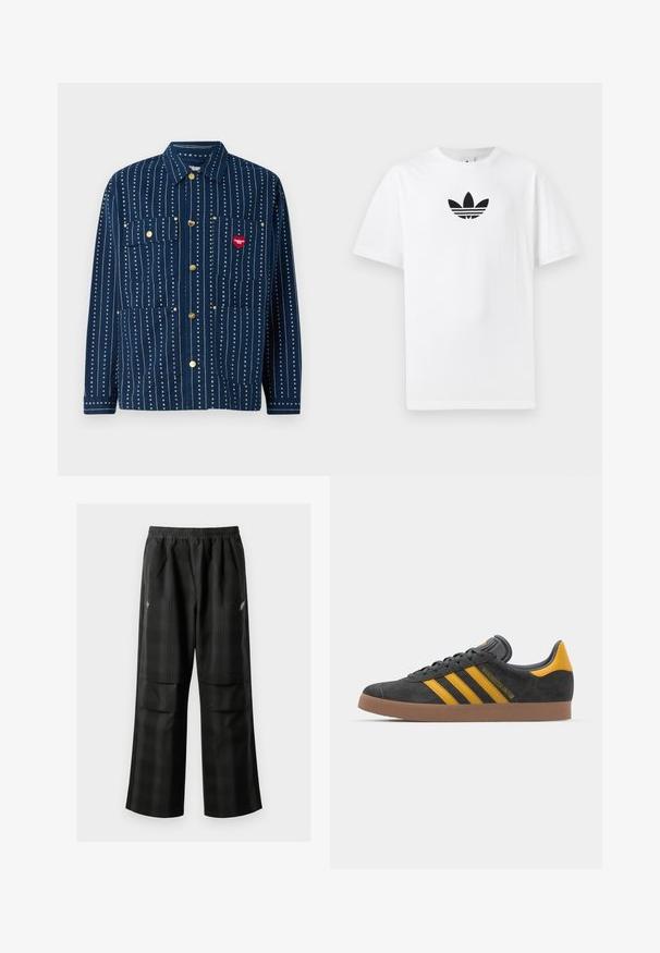 Navy button-up jacket with vertical white stripes, two chest pockets, gold buttons, and a red heart logo patch on the right pocket.; White cotton T-shirt featuring a black Adidas logo at the center. Short sleeves and a crew neck design. Smooth texture.; Black plaid pants featuring an elastic waistband, two front pockets, and a loose fit with a straight leg design. Made from lightweight material.; Black suede sneaker with yellow accents, featuring three stripes and a brown rubber sole. Includes a padded tongue for comfort.