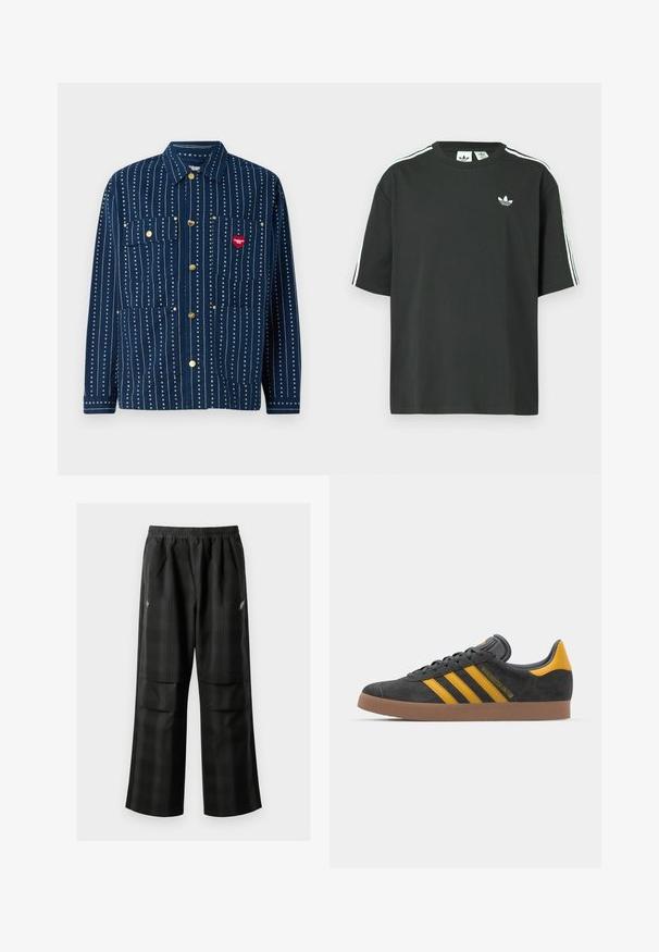 Navy button-up jacket with vertical white stripes, two chest pockets, gold buttons, and a red heart logo patch on the right pocket.; Black cotton t-shirt with short sleeves, crew neckline, and white three-stripe detailing on shoulders. Features a small white logo on chest.; Black plaid pants featuring an elastic waistband, two front pockets, and a loose fit with a straight leg design. Made from lightweight material.; Black suede sneaker with yellow accents, featuring three stripes and a brown rubber sole. Includes a padded tongue for comfort.