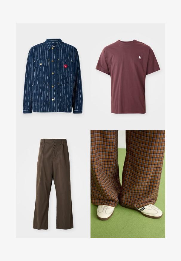 Mornarska jakna s dugim rukavima s vertikalnim bijelim prugama, dva džepa na prsima, zlatni gumbi i crvena oznaka srca na desnom džepu.; Bordo pamučna majica kratkih rukava, okruglog izreza, s malim bijelim logom na lijevoj strani prsnog koša. Glatka tekstura, opušteni kroj.; Smeđe hlače širokih nogavica od pamuka s prednjim zatvaranjem na gumb, petljama za pojas i glatkom, mat teksturom.; Smeđe i plave karirane široke hlače uparene s bijelim cipelama s crnim akcentima i teksturiranim potplatom, na zelenoj pozadini.