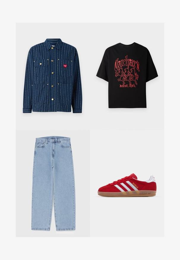 Marineblå jakke med vertikale hvite striper, to brystlommer, gullknapper og et rødt hjerte-logo på høyre lomme.; Svart t-skjorte med kort erme laget av bomull, med et iøynefallende rødt grafisk trykk av tre løvefigurer og teksten "Carhartt, Detroit, Mich."; Lyseblå denimjeans med rett ben-design, med mid-rise liv, fem lommer og knap og lynlås lukning.; Rød semsket sneakers med hvit tre-stripes design og gull "Gazelle" tekst. Har en gummisåle og teksturert hæl.