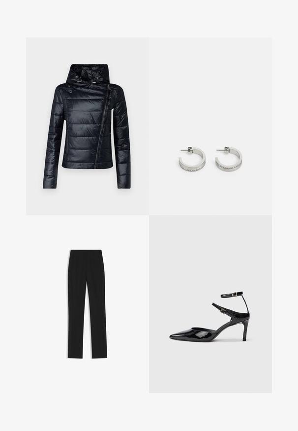 Czarna kurtka puchowa z wysokim kołnierzem, zapięciem na zamek z przodu i diagonalnym przeszyciem. Posiada błyszczący, gładki materiał na zewnątrz oraz regulowany kaptur.; Czarny bawełniany t-shirt z okrągłym dekoltem, krótkimi rękawami i haftowanym logo na piersi. Prosty, luźny krój bez wzorów.; Czarne spodnie o dopasowanym kroju z prostymi nogawkami, z przednimi kieszeniami i gładką, teksturowaną tkaniną. Schludne, minimalistyczne wykończenie.; Czarne lakierowane szpilki z ostrym noskiem, regulowanymi paskami wokół kostki i smukłą szpilką. Gładka tekstura z błyszczącym wykończeniem.; Srebrne kolczyki w formie kółek, z gładką powierzchnią i rzędem małych przezroczystych kamieni wzdłuż dolnej krawędzi, z zapięciem na sztyft.