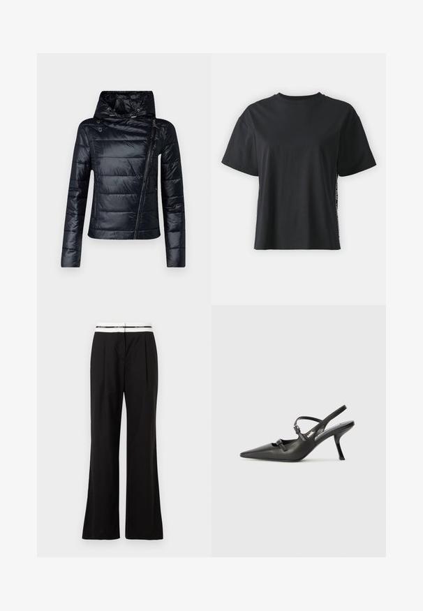 Czarna kurtka puchowa z wysokim kołnierzem, zapięciem na zamek z przodu i diagonalnym przeszyciem. Posiada błyszczący, gładki materiał na zewnątrz oraz regulowany kaptur.; Czarna bawełniana koszulka z krótkim rękawem o luźnym kroju, z kontrastującym bocznym panelem, zawierającym mały tekst i detale wzornicze.; Czarne spodnie o luźnym kroju, z białym elastycznym paskiem w talii z brandingiem. Wykonane z gładkiego materiału o delikatnym połysku.; Czarne skórzane sandały na obcasie typu slingback z wydłużonym noskiem, smukłym obcasem i ozdobnym zapięciem na cholewce. Gładka tekstura i elegancka forma.