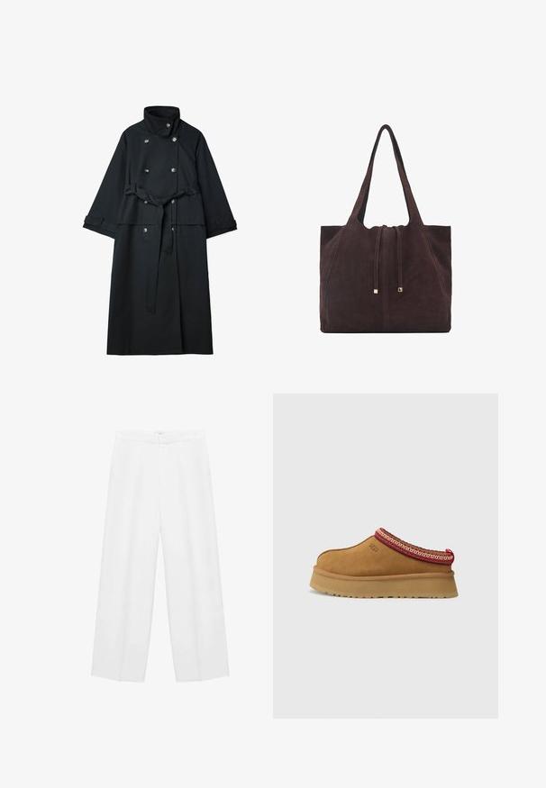 Črn plašč iz gladkega materiala, z visokim ovratnikom, dvorednim gumbom in pasom na vezanje v pasu.; Rdeča in bela karirana tkanina z lahkotno teksturo, ki vsebuje štiri gumbke. Vzorec vključuje tanke črne črte za podrobnosti.; Široke bele hlače z gladko teksturo, ki imajo visok pas in dve stranski žepki. Preprost dizajn brez vidnih vzorcev.; Rjavi suede natikači z rdečo in smetano obrobo z vzorcem, teksturiranimi podplati in logotipom UGG na strani. Imajo rahlo povišano platformo.; Mango Torba za nakupovanje - dark brown