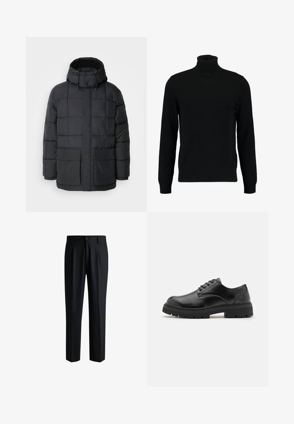 Black puffer jacket with a hood, featuring a quilted design, snap button front, two large front pockets, and a soft, fuzzy lining.; Black turtleneck sweater made of a soft knit material. Features long sleeves, ribbed collar, and hem. Simple, sleek design without patterns.; Black trousers made of smooth fabric, featuring a straight leg design, pleats at the front, and a button closure with belt loops.; Black leather shoes with a rounded toe, lace-up design, and a thick, textured rubber sole. Features stitching along the edge and a smooth finish.