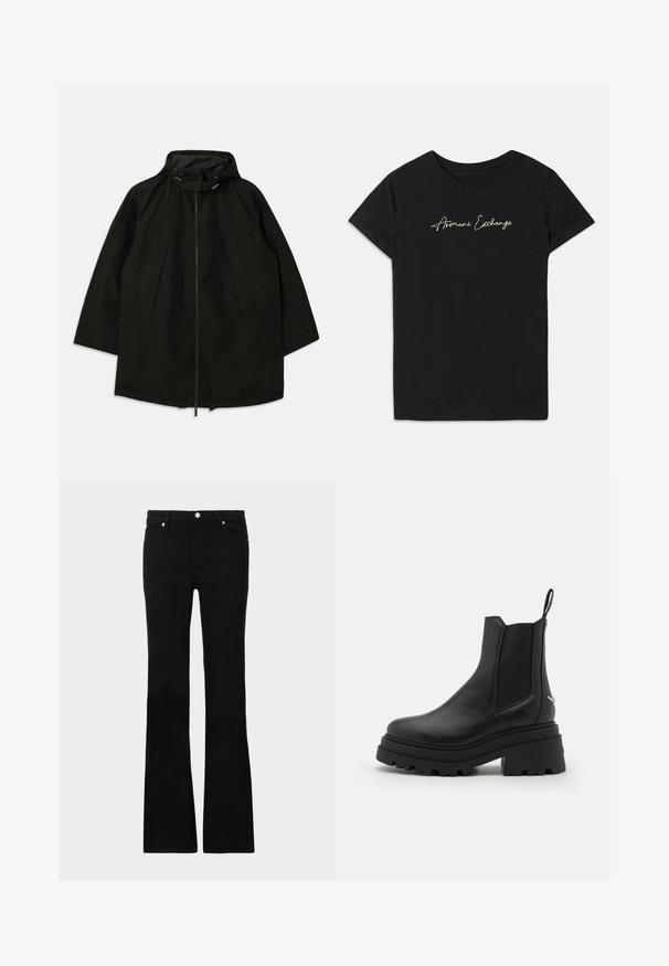 Melnā vieglā jakā ar rāvējslēdzēju, kapuci ar pievilkšanas auklām un plašu, brīvu piegriezumu. Iezīmes - izšūti priekša detaļas un gluda tekstūra.; Melnā kokvilnas t-kreklā ir īsas Piedurknes un apaļš kakls, rotāts ar zīmolu "Armani Exchange" kursīvos burtiem baltā krāsā.; Melni flared džinsi, izgatavoti no džinsa auduma, ar divām priekšējām kabatām, pogu aizdari un gludu tekstūru. Redzamā veikala šuvju rakstība.; Melnas Chelsea zābaki, kas izgatavoti no gludas ādas, ar elastīgām sānu daļām, biezu, rievotu gumijas zoli un vilkšanas cilpu aizmugurē.
