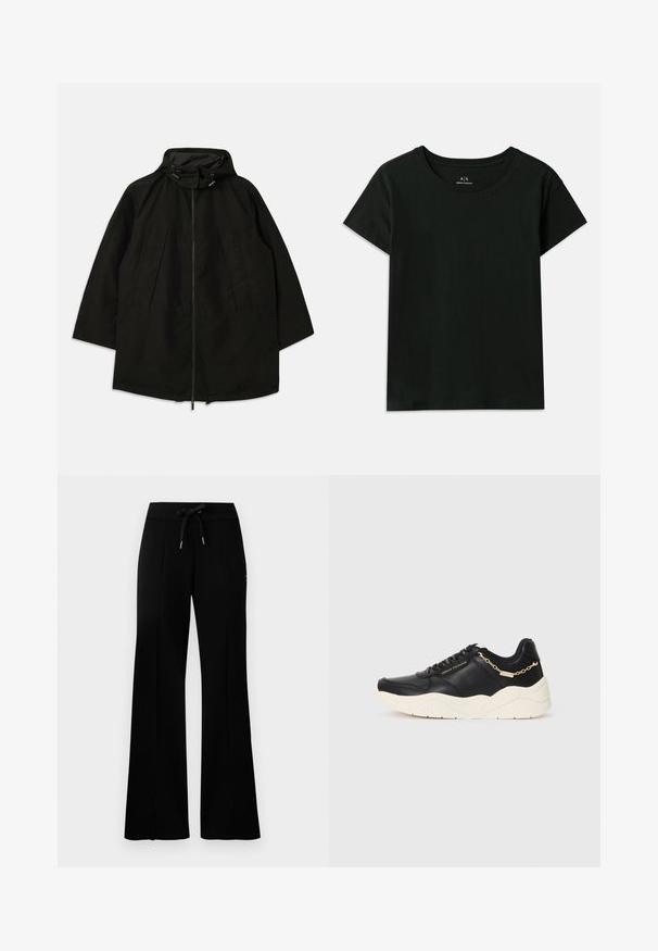 Čierna ľahká bunda so zipsom, kapucňou so sťahovacími šnúrkami a širokým, voľným strihom. Obsahuje pletené predné detaily a hladkú textúru.; Čierne tričko s krátkym rukávom vyrobené z bavlny. Má klasický okrúhly výstrih a vytlačený nápis "Armani Exchange" pozdĺž ramena. Jednoduchý dizajn.; Čierne široké tepláky s elastickým pásom a šnúrkou, bočnými rozparkami, mäkkou látkou a štýlovým dizajnom.; Čierne kožené tenisky s chunky krémovou podrážkou, zlatým reťazovým detailom a čiernymi šnúrkami. Hladký povrch s embosovaným logom na boku.