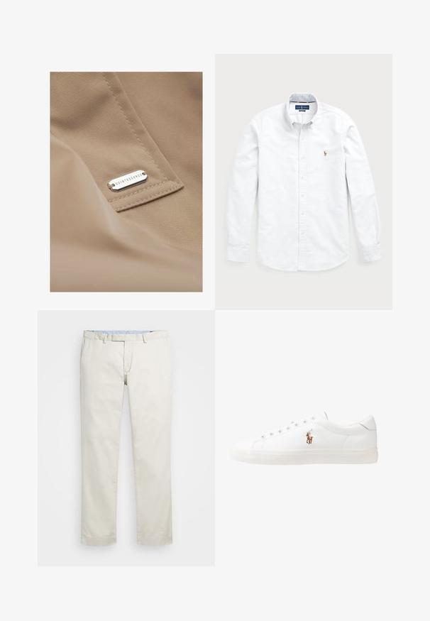 Ombre COSC - Trenssi - beige; Valkoinen pitkähihaista nappipaitaa, joka on valmistettu puuvillasta. Ominaisuuksiin kuuluu avara kaulus, nappisulku ja pieni brodeerattu logo rinnassa.; Beige puuvillachinohousut litteällä edessä, vyölenkeillä ja sivutaskuilla. Suora lahjamuoto, jossa on sileä pinta ja kevyt, hengittävä tunne.; Valkoiset nahkakengät, matala malli, jossa on sileä pinta, pyöreä kärki, nauhakiinnitys edessä ja pieni brodeerattu logo sivulla.