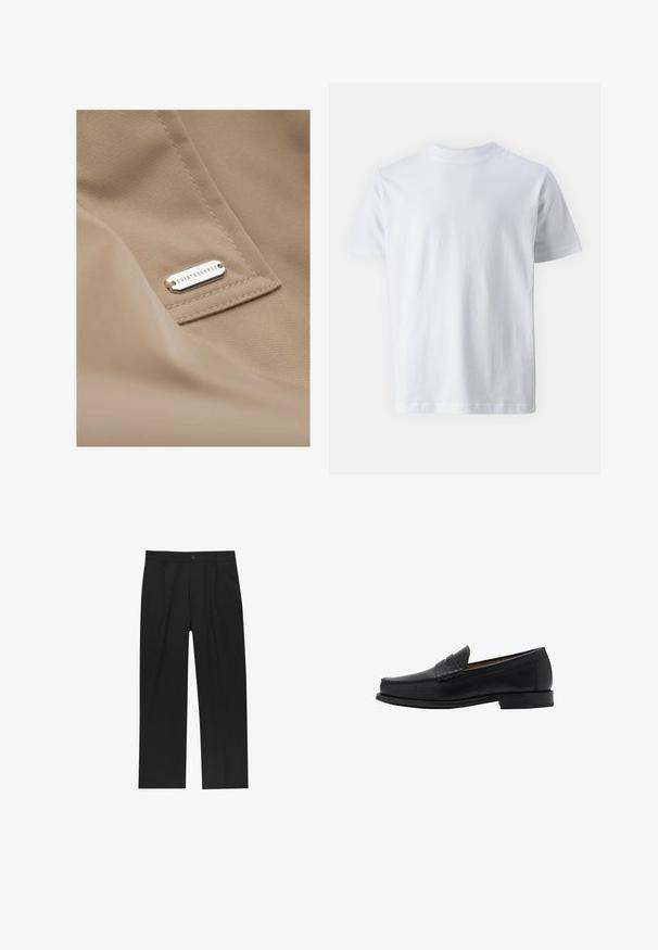 Ombre COSC - Trenchcoat - beige; Witte korte mouwen t-shirt van katoen, met een ronde hals en een zachte textuur, met een rechte snit en zonder patronen.; Zwarte broeken met een recht model, gemaakt van een gladde stof. Voorzien van een voorplooien en een enkele knoopsluiting bij de taille.; Mango Zakelijke loafers - black