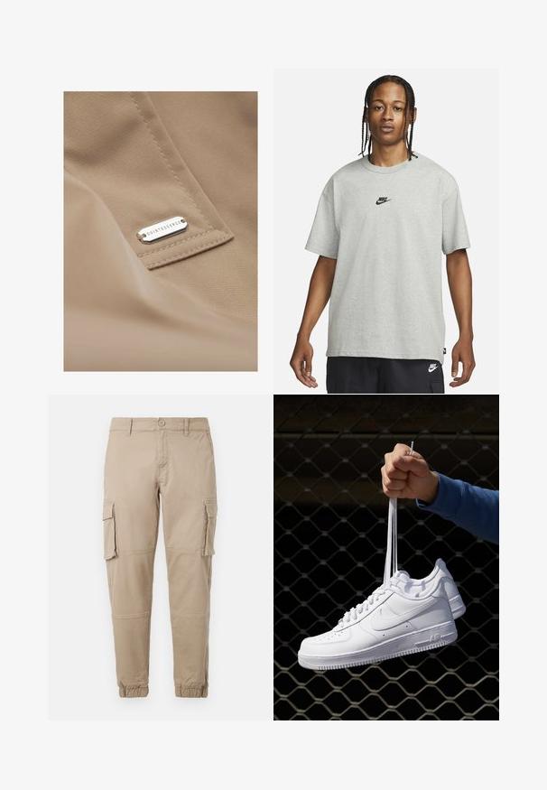 Ombre COSC - Trenchcoat - beige; Ung person med fletninger iført en lys grå Nike T-shirt og sorte Nike shorts mod en ensfarvet hvid baggrund.; Beige cargo bukser i et letvægts bomuldsstof. Har elastiske manchetter, flere sidelommer og en knaplukning.; Hvide lædersneakers med perforeringer, rund tå, flad sål og tykke snørebånd, med et synligt swoosh-logo og "AIR" på hælen.
