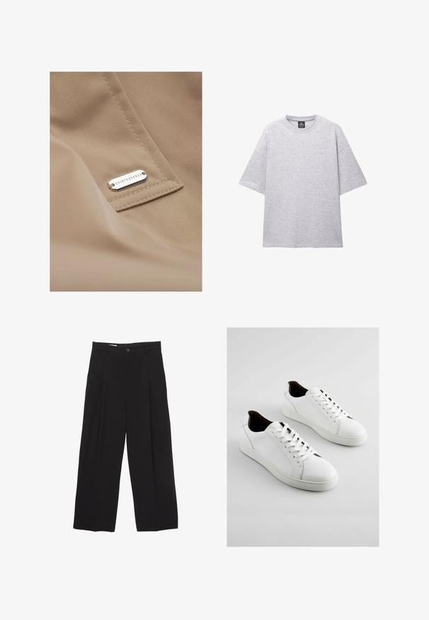 Ombre COSC - Trenchcoat - beige; Grijze korte mouw T-shirt van zacht materiaal; heeft een ronde halslijn en een ontspannen pasvorm met verlaagde schouders. Geen patronen of accenten aanwezig.; Zwarte wijde broek gemaakt van gladde stof, met een platte tailleband, voorplooien en een enkele knoopsluiting.; Witte sneakers van soepel leer, met een ronde neus, vetersluiting aan de voorkant en een minimalistisch ontwerp met bruine accenten op de hiel.