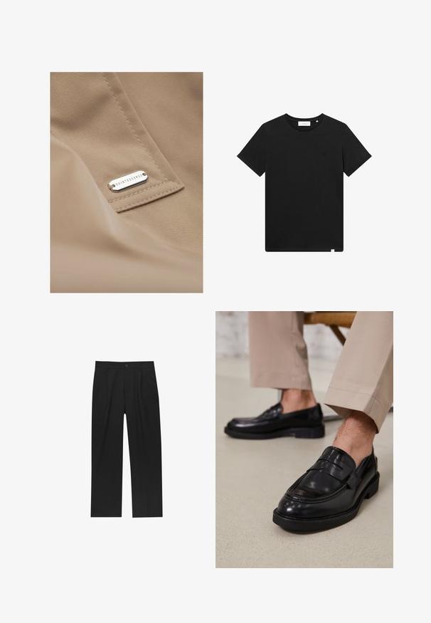 Ombre COSC - Trenchcoat - beige; Schwarzes T-Shirt mit kurzen Ärmeln aus Baumwolle, mit Rundhalsausschnitt und einem kleinen, auf der Brust gestickten Logo. Glatte Textur, normale Passform.; Schwarze Hose mit geradem Schnitt, aus einem glatten Stoff gefertigt. Verfügt über Vorderfalten und einen einzelnen Knopfverschluss an der Taille.; Schwarze Lederloafers mit glatter Oberfläche, ausgestattet mit einem dekorativen Riemen und Kontrastnähten, kombiniert mit beigen Hosen.