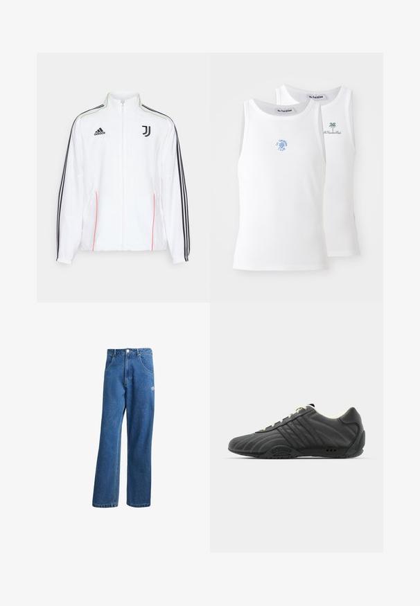 Weißer Trainingsjacke mit schwarzen Streifen an den Ärmeln, schwarzem Adidas-Logo und Juventus-Wappen. Mit hohem Kragen und durchgehendem Reißverschluss.; Zwei weiße Tanktops mit Rippstricktextur, die blaue und grüne gestickte Logos aufweisen. Eines hat ein Sonnendesign, das andere eine Palme.; Blaue hohe, weite Jeans mit Fronttaschen, Gürtelschlaufen, Knopfverschluss und kleinem Adidas-Logo am rechten Oberschenkel.; adidas Originals ADIRACER UNISEX - Sneaker low - core black/cream white