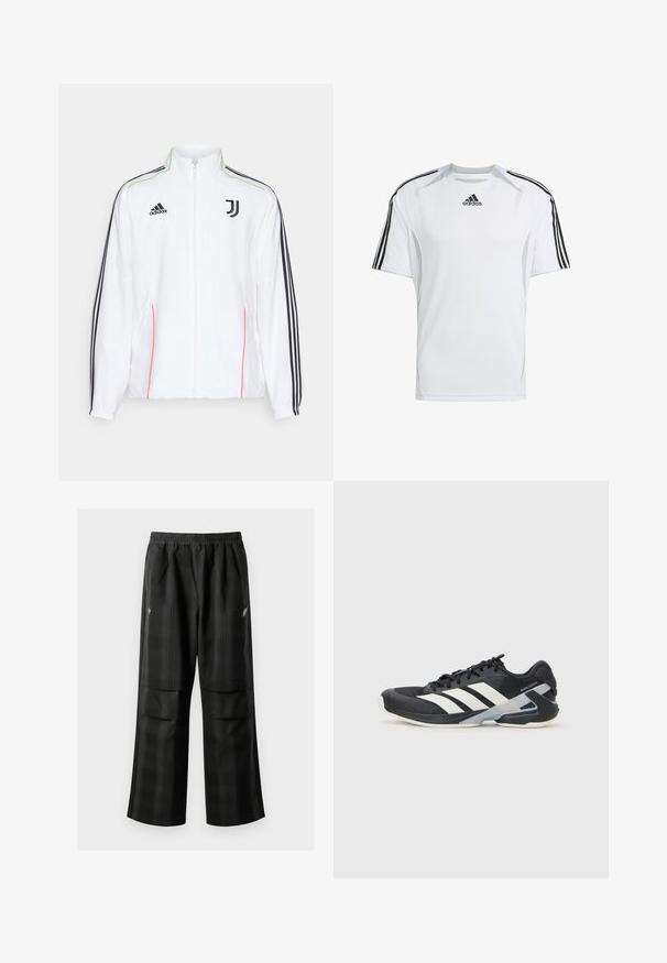 Witte trainingsjack met zwarte strepen op de mouwen, zwart Adidas-logo en Juventus-embleem. Heeft een hoge kraag en een rits aan de voorkant.; Witte sportieve t-shirt met korte mouwen en zwarte Adidas drie-strepen accenten op de schouders, gemaakt van gladde, lichte stof.; Zwarte geruite broek met een elastische tailleband, twee voorzakken en een losse pasvorm met een rechte pijpdesign. Gemaakt van lichtgewicht materiaal.; Zwarte sportschoen met witte strepen, bovenwerk van mesh, ronde neus en geveerde zool. Heeft een getextureerde hak en een veilig vetersysteem.