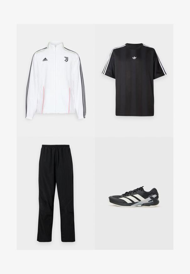 Bela tekaška jakna s črnimi črtami na rokavih, črnim logotipom Adidas in emblemom Juventusa. Ima visok ovratnik in sprednje zadrgo.; Crna majica s kratkimi рукави in belimi трими črtami na ramah ter majhnim belim logotipom na prsih. Gladka tekstura tkanine.; Črne najlon hlače z elastičnim pasom, ki imajo lahko, teksturirano površino in šive za moderni dizajn.; Črne atletske čevlje z belimi črtami, mrežastim zgornjim delom, zaobljenim nosom in blaženim podplatom. Imajo teksturiran petni del in varen sistem vezalk.
