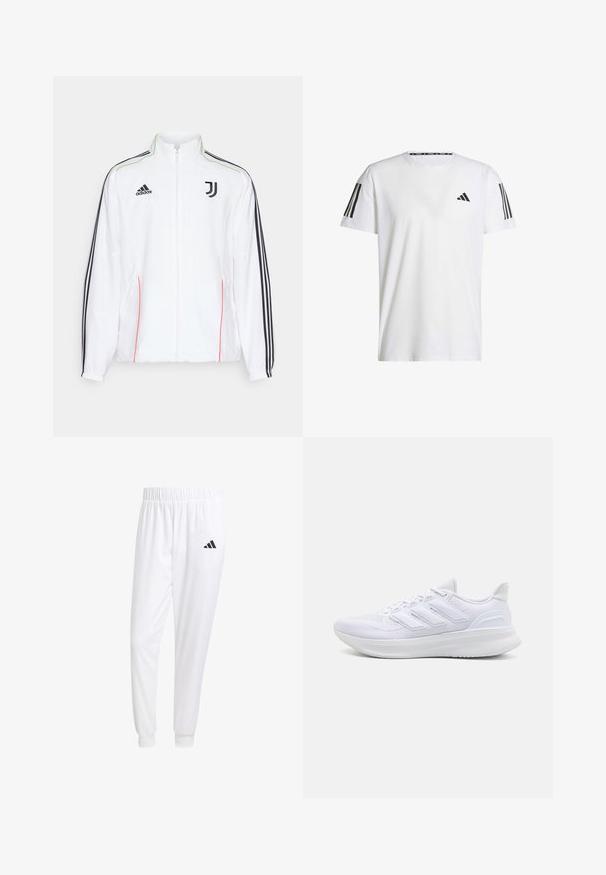 Weißer Trainingsjacke mit schwarzen Streifen an den Ärmeln, schwarzem Adidas-Logo und Juventus-Wappen. Mit hohem Kragen und durchgehendem Reißverschluss.; Weißes T-Shirt mit kurzen Ärmeln aus atmungsaktivem Stoff, featuring ein schwarzes dreieckiges Logo und drei schwarze Streifen auf jeder Schulter.; Weiße Sporthose aus glattem Stoff, mit einem elastischen Bund und enganliegenden Bündchen, mit einem schwarzen Logo auf der Gesäßtasche.; Weiße Sportschuhe mit einem strukturierten Mesh-Obermaterial, einer stützenden gepolsterten Sohle und einem drei Streifen-Design an der Seite.