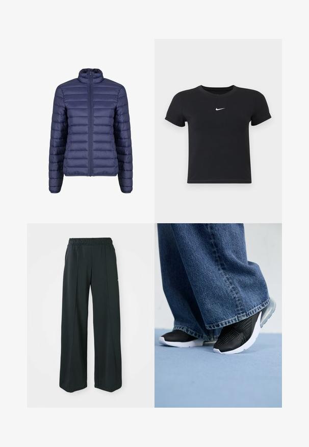 Tumedas sinine puffer-jakk kõrge kaelusega, tikkimisega disain ja eesmine lukukinnitus. Sile tekstuur ühtlaselt jaotatud horisontaalsete paneelidega.; Must have lühikeste varrukatega must t-särk, mis on valmistatud puuvillast ja millel on ümar kaelus. Ees on valge Nike logo, minimaalne disain ja sobiv kuju.; Mustad, laiad spordipüksid elastse vööniidega. Valmistatud siledast, venivast kangast, millel on kerge esiseam ja ei ole taskuid.; Musthave mustad spordijalatsid, millel on võrgusilma detailid, valge tald ja nähtav õhupadi, koos siniste teksadega, millel on laiad säärted.